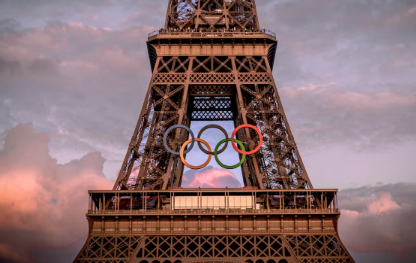 The Eiffel Tower displaying the Olympic rings for the 2024 Paris Olympics